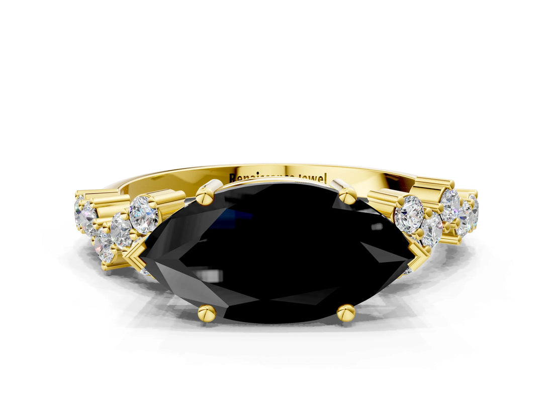 Yellow gold Fancy Black Marquise Cut Diamond Scattered Round Accent Ring with Prong Setting_12