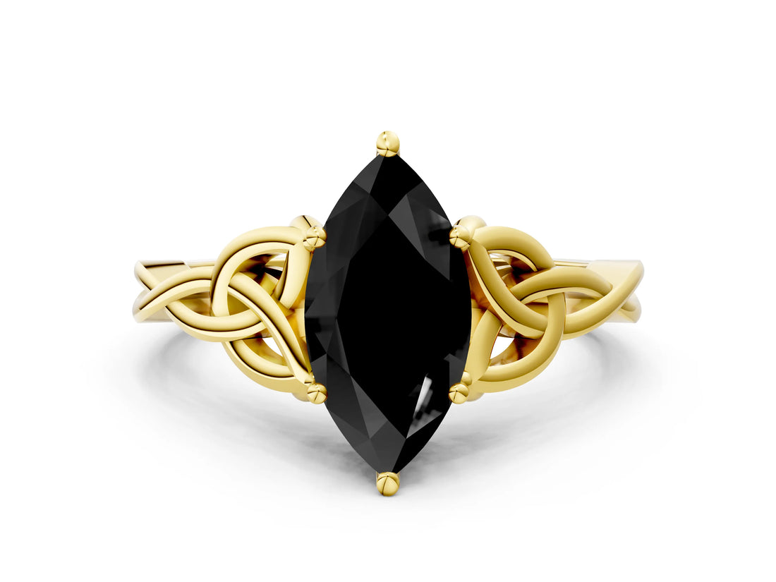 Yellow gold Fancy Black Marquise Cut Diamond Solitaire Engagement Ring with Celtic Knot Band and Four-Prong Setting