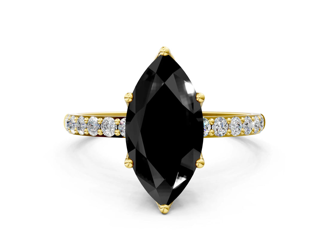 Yellow gold Fancy Black Marquise Cut Diamond Solitaire Engagement Ring with Pavé Band and Prong Setting