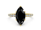 Yellow gold Fancy Black Marquise Cut Diamond Solitaire Engagement Ring with Pavé Band and Prong Setting