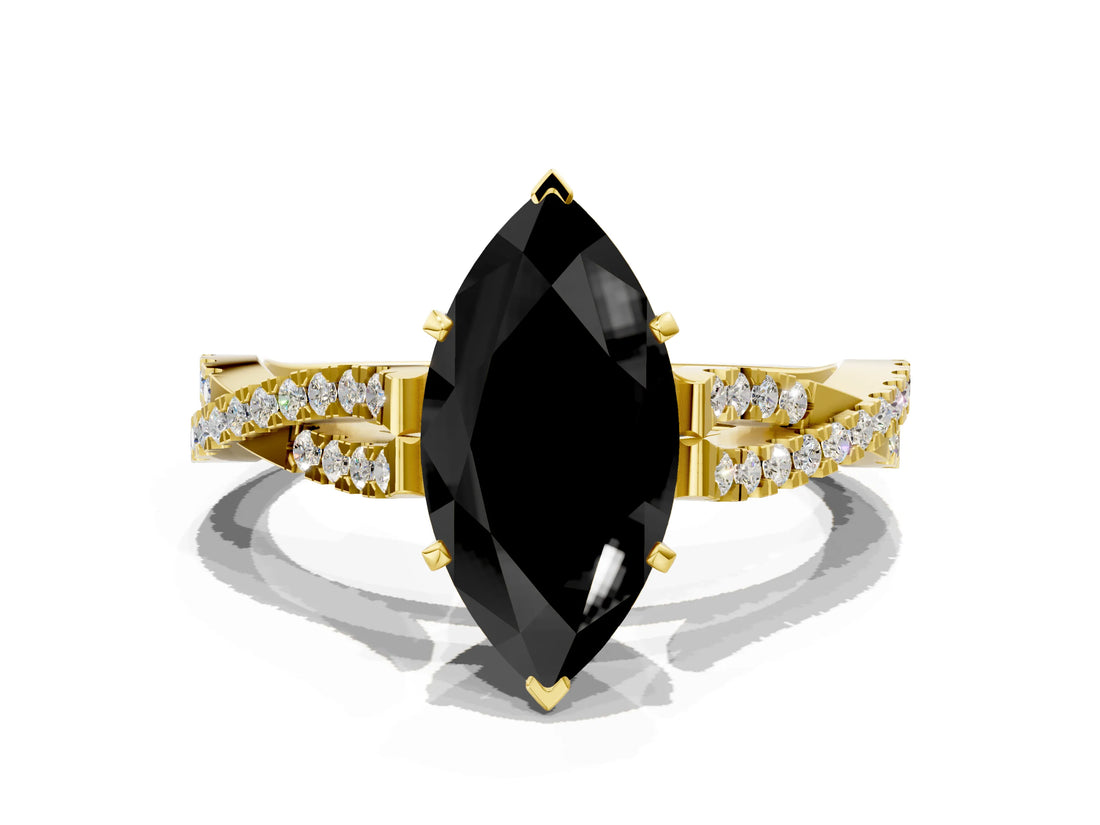 Yellow gold Fancy Black Marquise Cut Diamond Solitaire Engagement Ring with Twisted Pavé Band and Four-Prong Setting_36