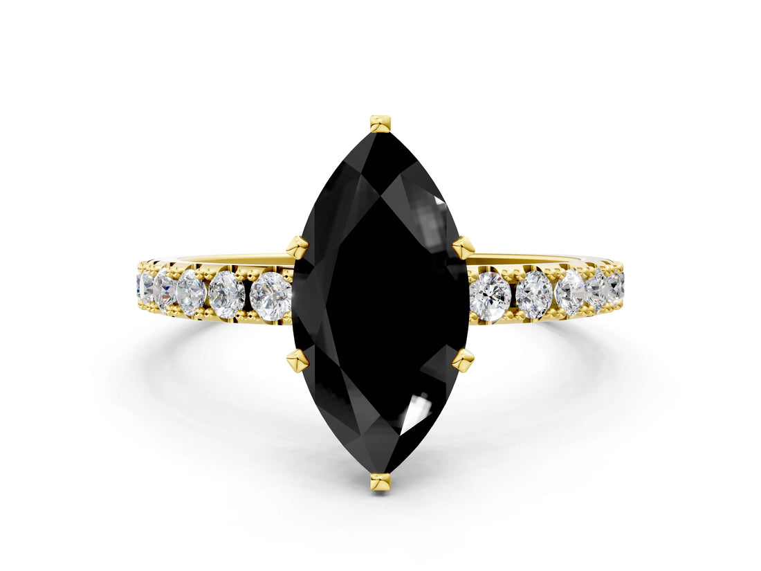 Yellow gold Fancy Black Marquise Cut Diamond Solitaire Pavé Band with Four-Prong Setting