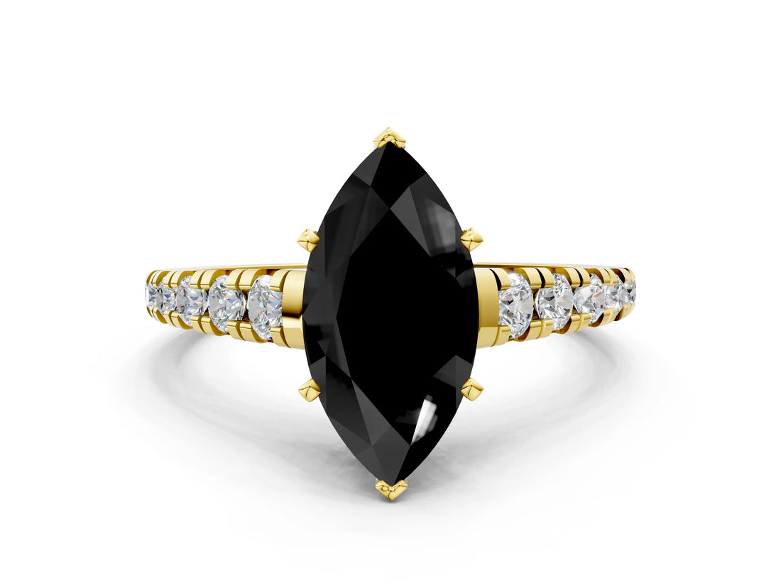 Yellow gold Fancy Black Marquise Cut Diamond Solitaire Ring with Cathedral Setting and Pavé Band