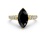 Yellow gold Fancy Black Marquise Cut Diamond Solitaire Ring with Cathedral Setting and Pavé Band