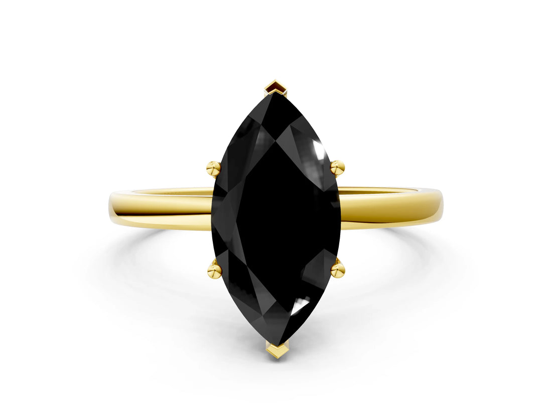 Yellow gold Fancy Black Marquise Cut Diamond Solitaire Ring with Classic Band and Four-Prong Setting