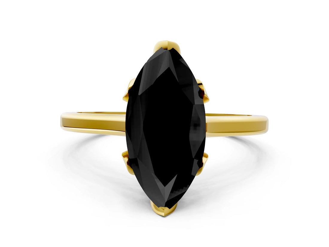Yellow gold Fancy Black Marquise Cut Diamond Solitaire Ring with Flower Prong Setting and Classic Band_36