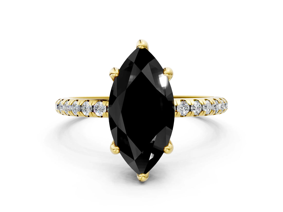Yellow gold Fancy Black Marquise Cut Diamond Solitaire Ring with Four-Prong Setting and Pavé Band_3