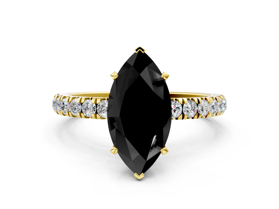 Yellow gold Fancy Black Marquise Cut Diamond Solitaire Ring with Pavé Accents and Four-Prong Setting