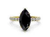 Yellow gold Fancy Black Marquise Cut Diamond Solitaire Ring with Pavé Accents and Four-Prong Setting