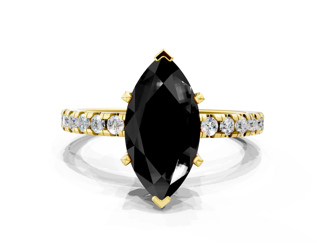 Yellow gold Fancy Black Marquise Cut Diamond Solitaire Ring with Pavé Band and Four-Prong Setting_12