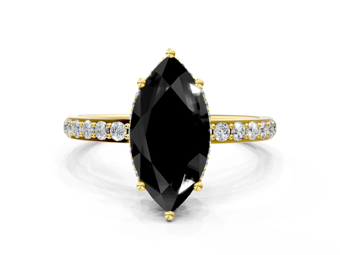 Yellow gold Fancy Black Marquise Cut Diamond Solitaire Ring with Pavé Band and Hidden Halo_12