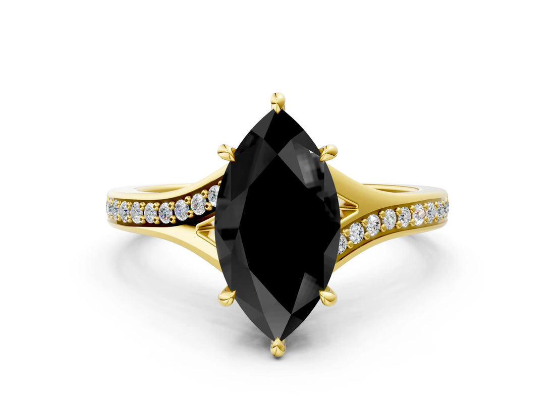 Yellow gold Fancy Black Marquise Cut Diamond Solitaire Ring with Pavé Band and Prong Setting_12