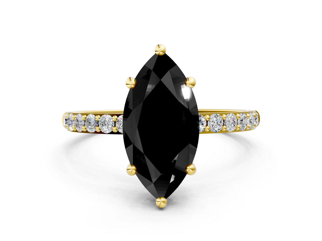 Yellow gold Fancy Black Marquise Cut Diamond Solitaire Ring with Pave Band and Four Prong Setting_12