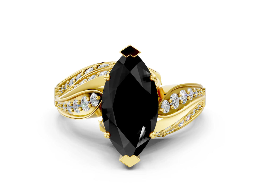 Yellow gold Fancy Black Marquise Cut Diamond Solitaire Ring with Prong Setting and Twisted Pavé Band_12