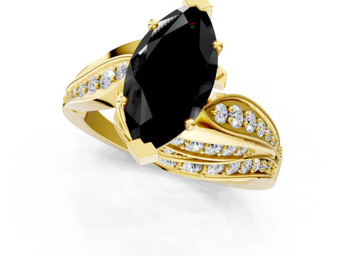 Yellow gold Fancy Black Marquise Cut Diamond Solitaire Ring with Prong Setting and Twisted Pavé Band_13