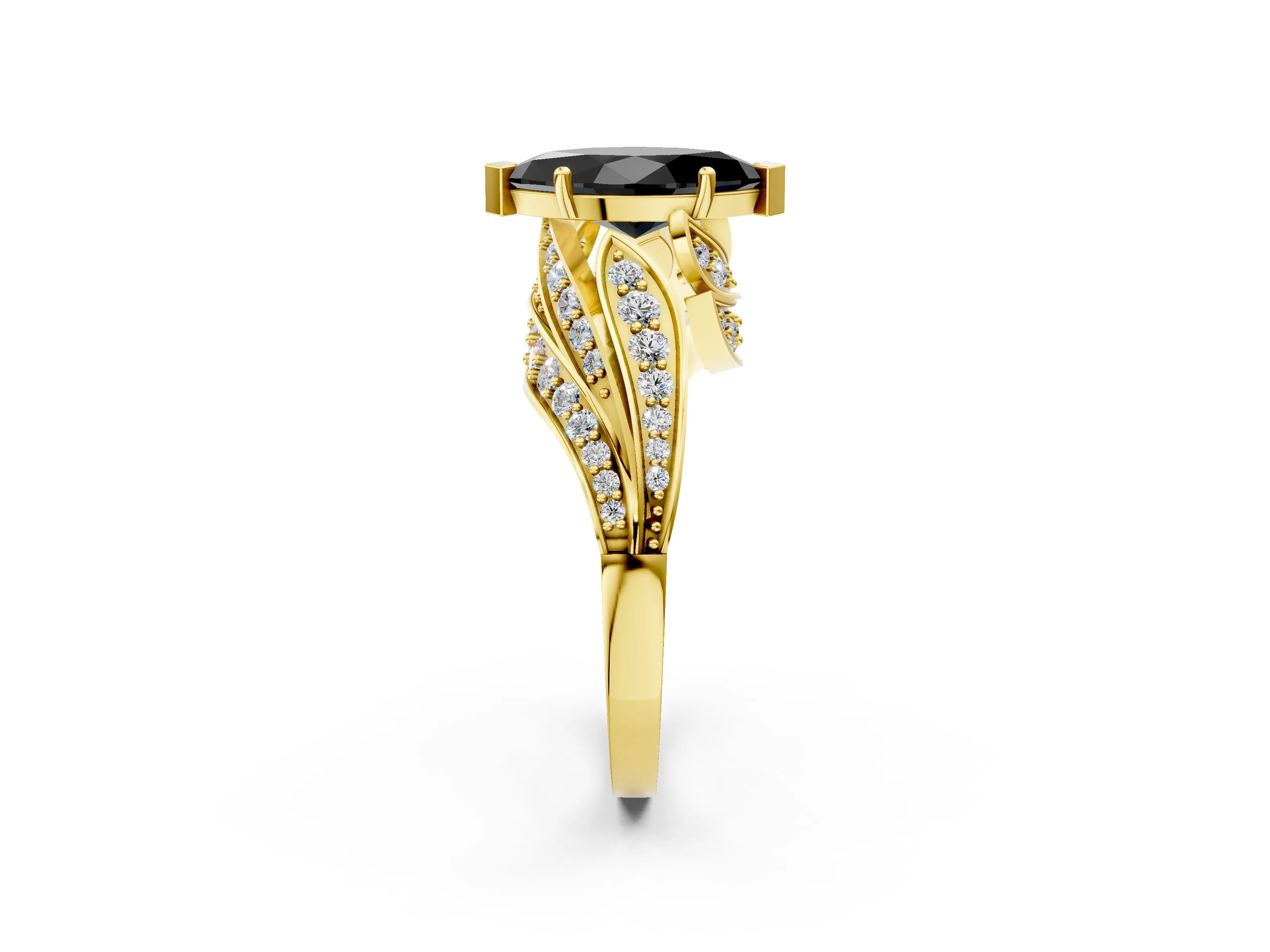 Yellow gold Fancy Black Marquise Cut Diamond Solitaire Ring with Prong Setting and Twisted Pavé Band_14
