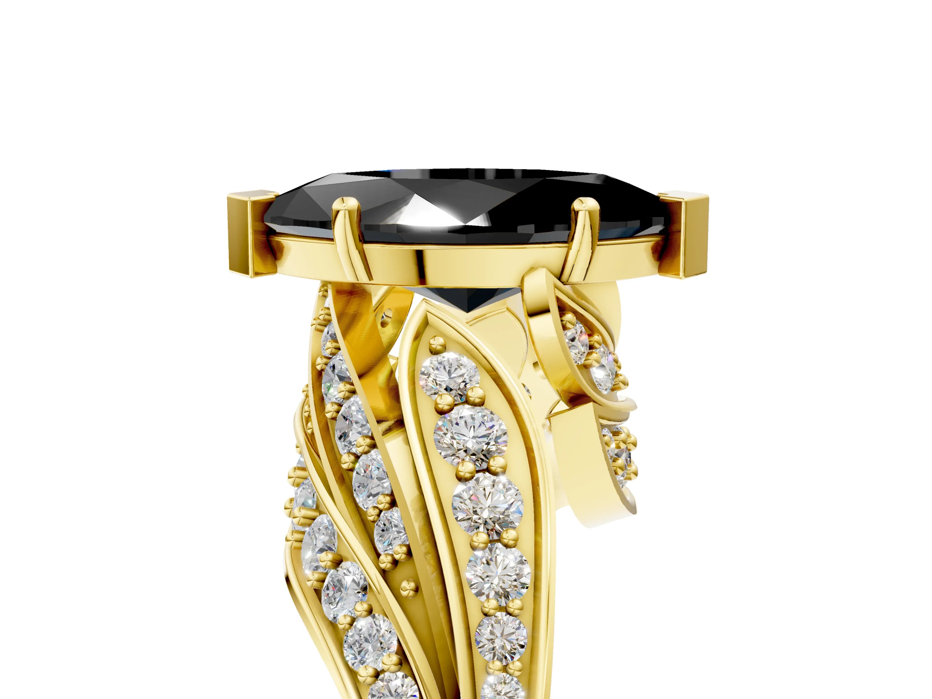 Yellow gold Fancy Black Marquise Cut Diamond Solitaire Ring with Prong Setting and Twisted Pavé Band_17