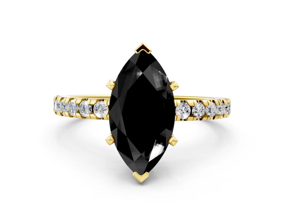 Yellow gold Fancy Black Marquise Cut Diamond Solitaire Ring with Round  Pavé Band and Four-Prong Setting_36