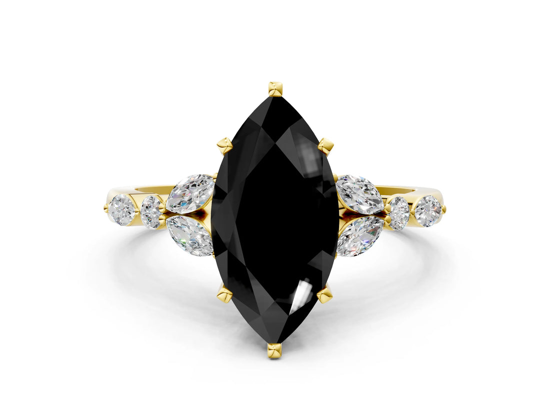 Yellow gold Fancy Black Marquise Cut Diamond Solitaire Ring with Side Stones and Four-Prong Setting_24