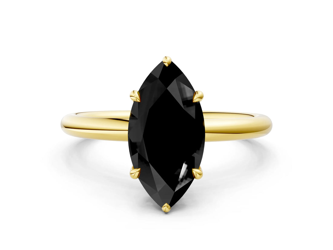 Yellow gold Fancy Black Marquise Cut Diamond Solitaire Ring with Thin Band and Four-Prong Setting