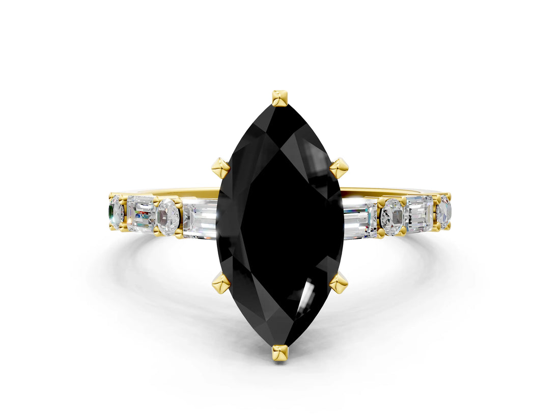 Yellow gold Fancy Black Marquise Cut Diamond Solitaire with Side Baguettes and Channel Set Band