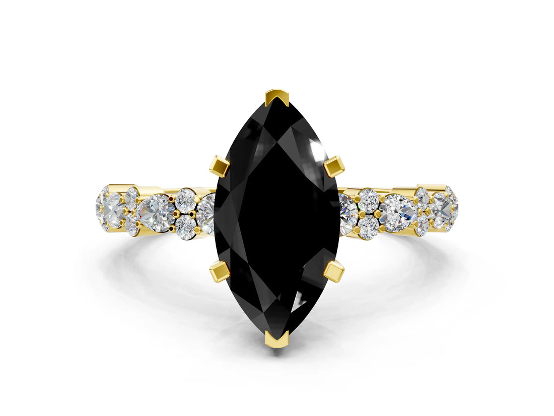 Yellow gold Fancy Black Marquise Cut Diamond Solitaire with Side Stones, Pave Band, Four-Prong Setting_36