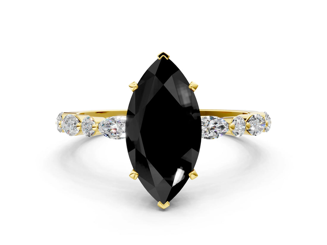 Yellow gold Fancy Black Marquise Cut Diamond Solitaire with Side Stones on a Pavé Band and Four-Prong Setting