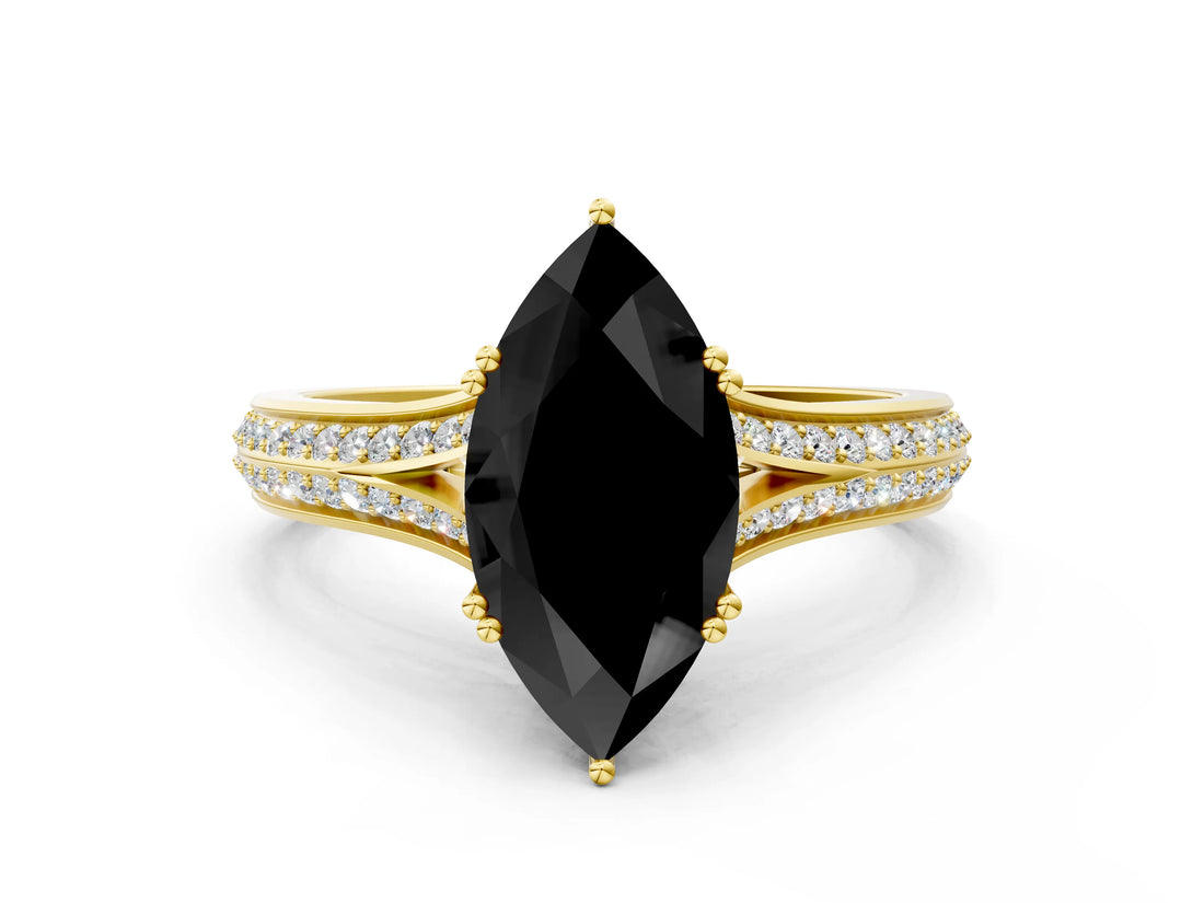 Yellow gold Fancy Black Marquise Cut Diamond Split Shank Engagement Ring with Pavé Band