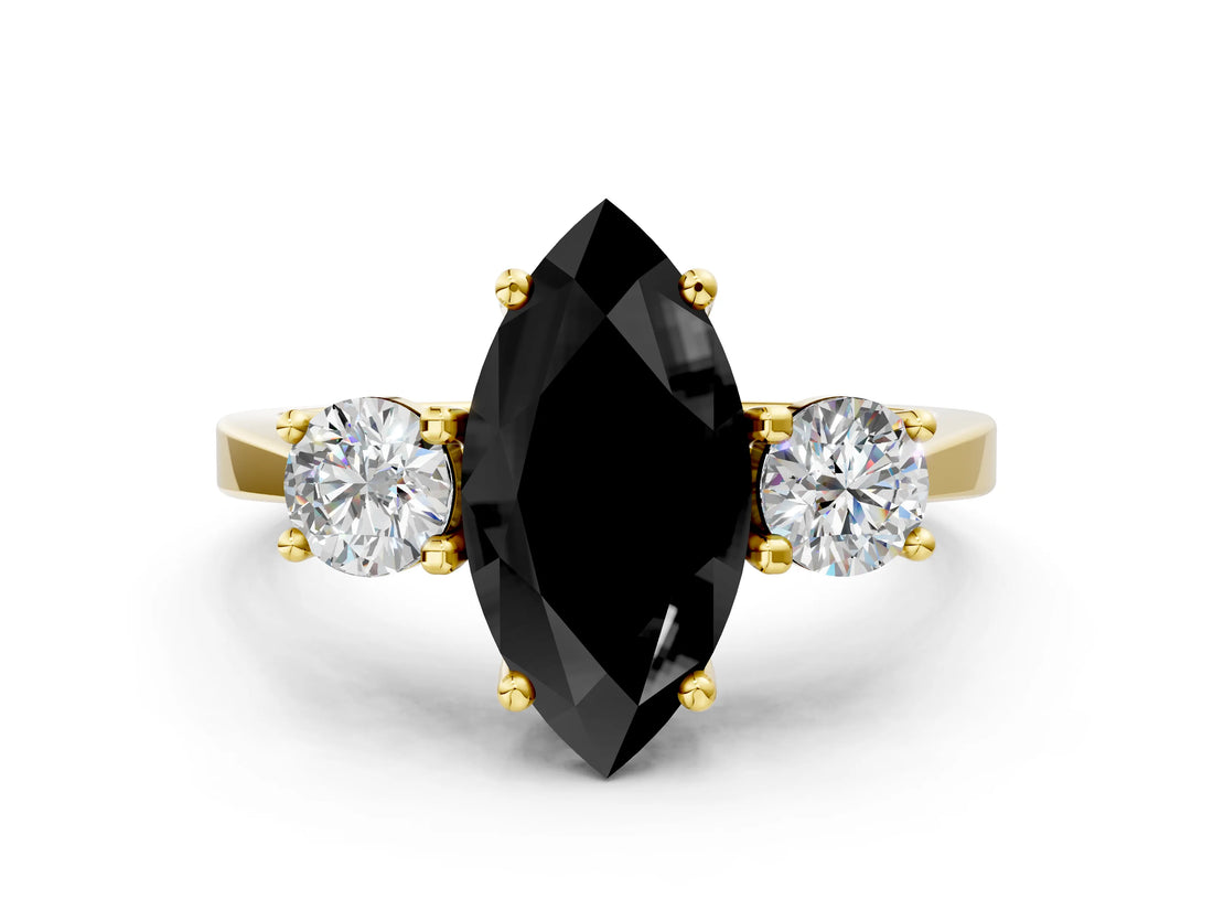 Yellow gold Fancy Black Marquise Cut Diamond Three-Stone Engagement Ring with Prong Setting and Pavé Band