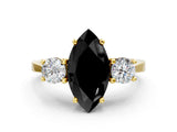 Yellow gold Fancy Black Marquise Cut Diamond Three-Stone Engagement Ring with Prong Setting and Pavé Band