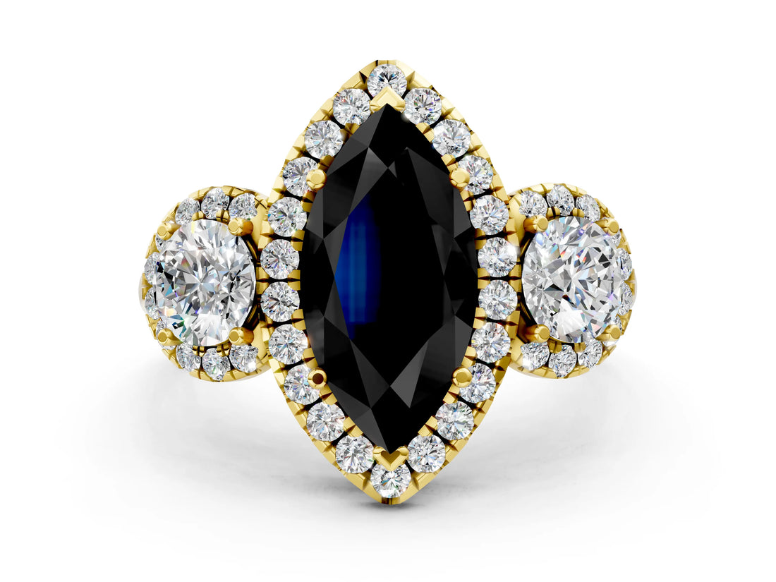 Yellow gold Fancy Black Marquise Cut Diamond Three-Stone Halo Ring with Prong Setting and Pavé Accents