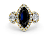 Yellow gold Fancy Black Marquise Cut Diamond Three-Stone Halo Ring with Prong Setting and Pavé Accents