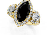 Yellow gold Fancy Black Marquise Cut Diamond Three-Stone Halo Ring with Prong Setting and Pavé Accents_1