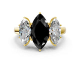 Yellow gold Fancy Black Marquise Cut Diamond Three-Stone Ring with Four-Prong Setting and Classic Band