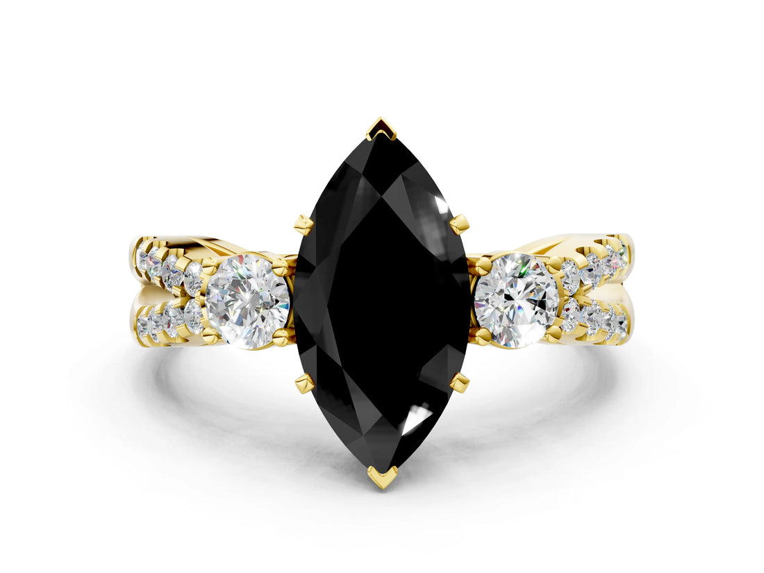 Yellow gold Fancy Black Marquise Cut Diamond Three-Stone Ring with Pavé Split Shank and Four-Prong Setting