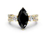Yellow gold Fancy Black Marquise Cut Diamond Three-Stone Ring with Pavé Split Shank and Four-Prong Setting