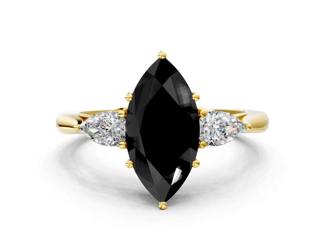 Yellow gold Fancy Black Marquise Cut Diamond Three-Stone Ring with Pear Side Stones and Four-Prong Setting_24