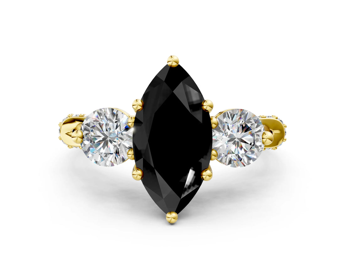 Yellow gold Fancy Black Marquise Cut Diamond Three-Stone Ring with Prong Setting and Pavé Band