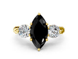 Yellow gold Fancy Black Marquise Cut Diamond Three-Stone Ring with Prong Setting and Pavé Band