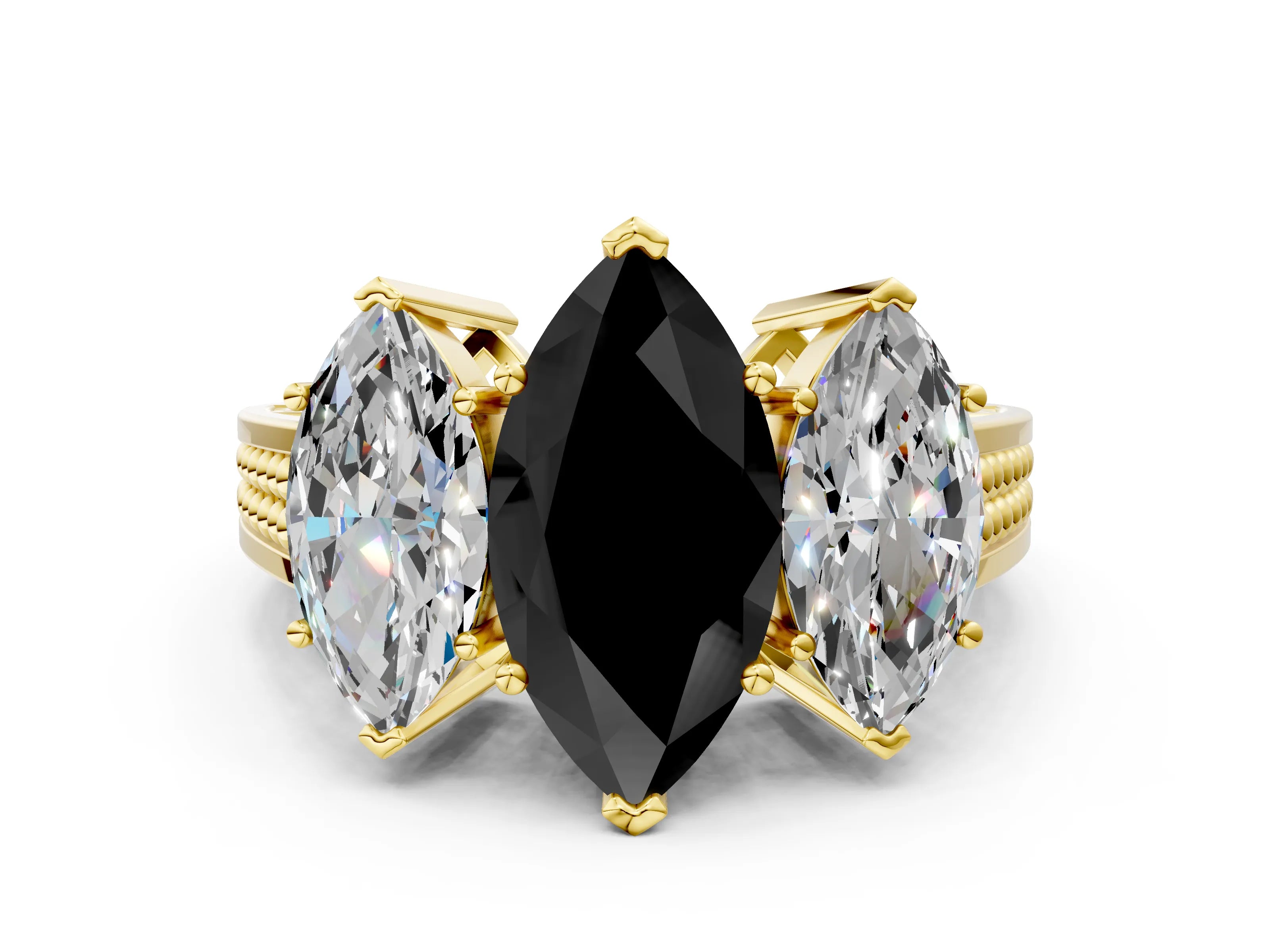 Yellow gold Fancy Black Marquise Cut Diamond Three-Stone Ring with Prong Setting and Textured Band