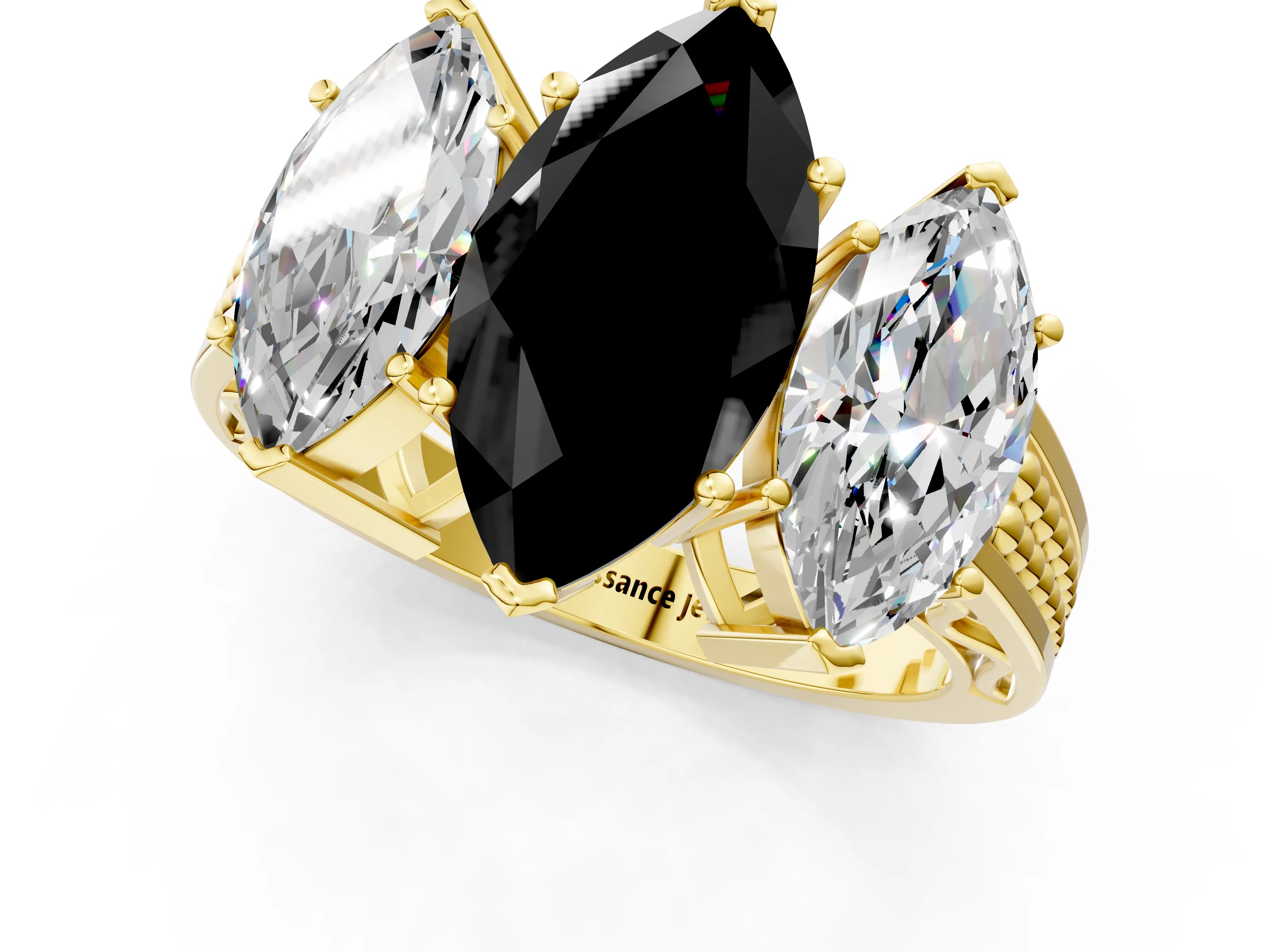 Yellow gold Fancy Black Marquise Cut Diamond Three-Stone Ring with Prong Setting and Textured Band_1