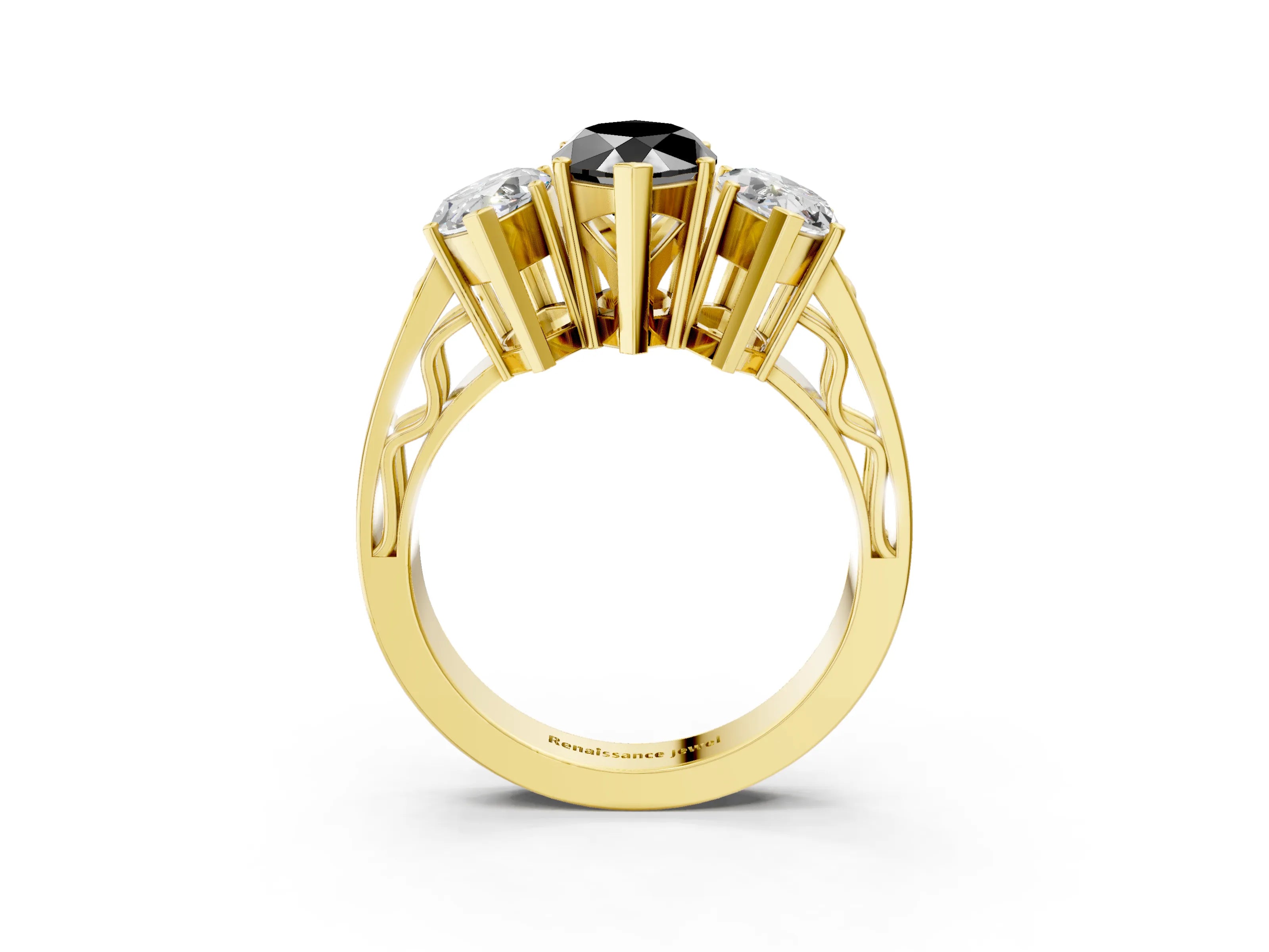 Yellow gold Fancy Black Marquise Cut Diamond Three-Stone Ring with Prong Setting and Textured Band_3