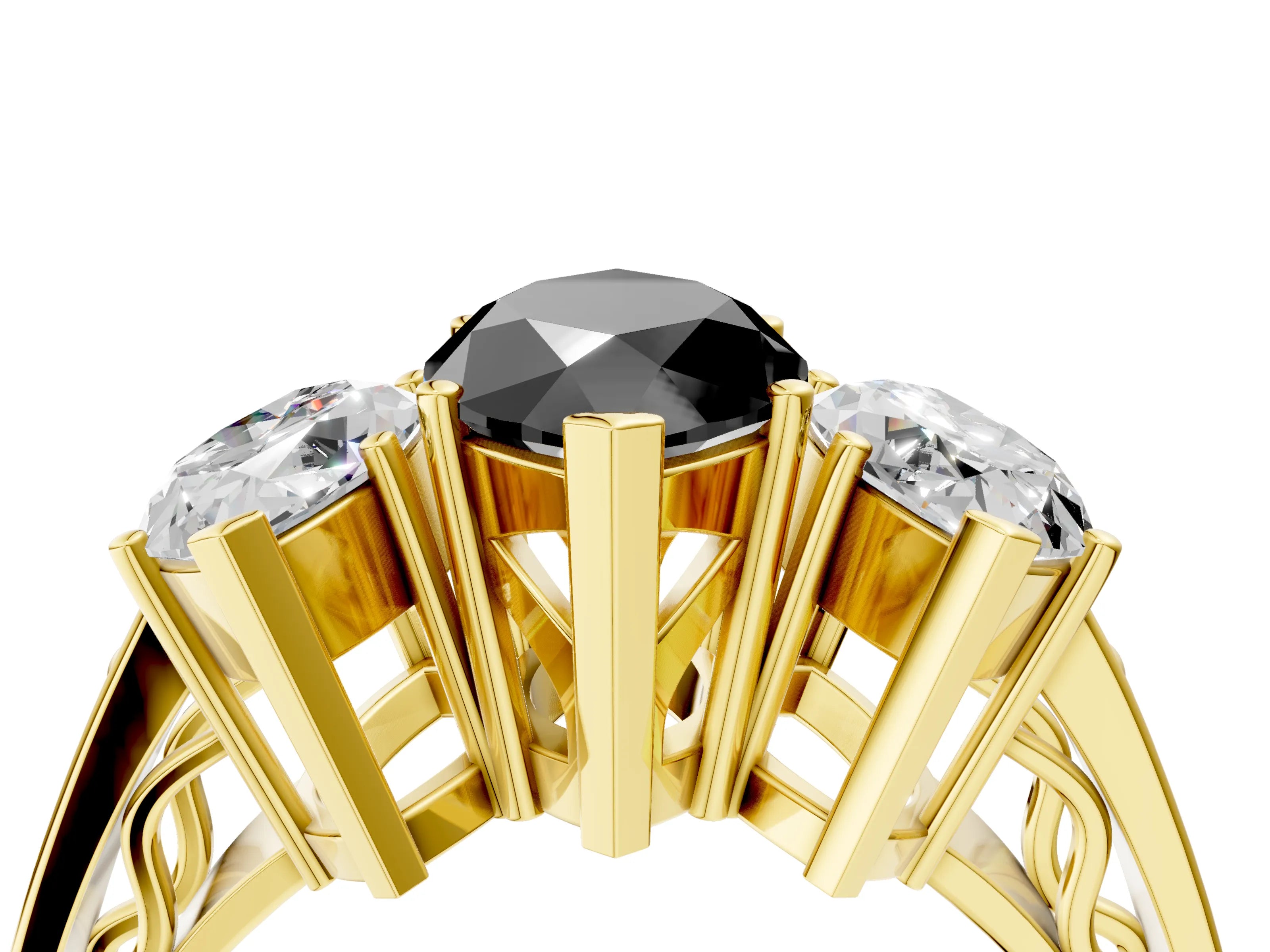 Yellow gold Fancy Black Marquise Cut Diamond Three-Stone Ring with Prong Setting and Textured Band_4
