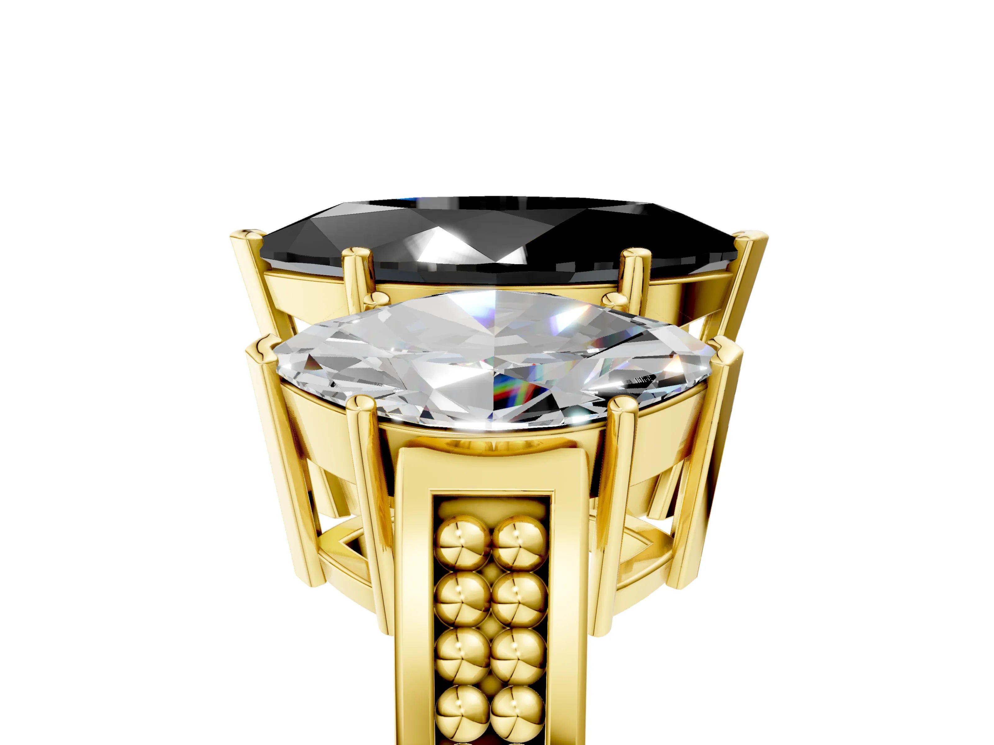 Yellow gold Fancy Black Marquise Cut Diamond Three-Stone Ring with Prong Setting and Textured Band_5