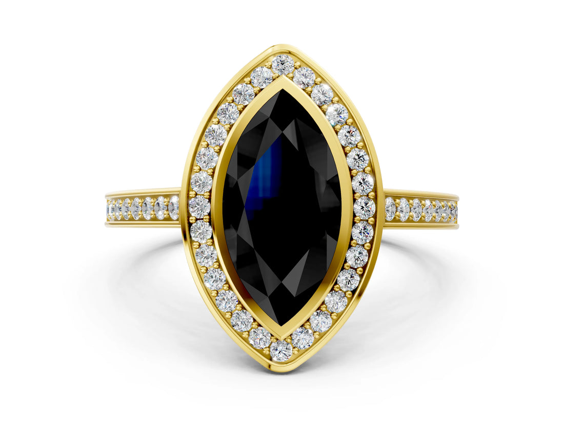 Yellow gold Fancy Black Marquise Cut Halo Bezel Diamond Pave Band Ring_12