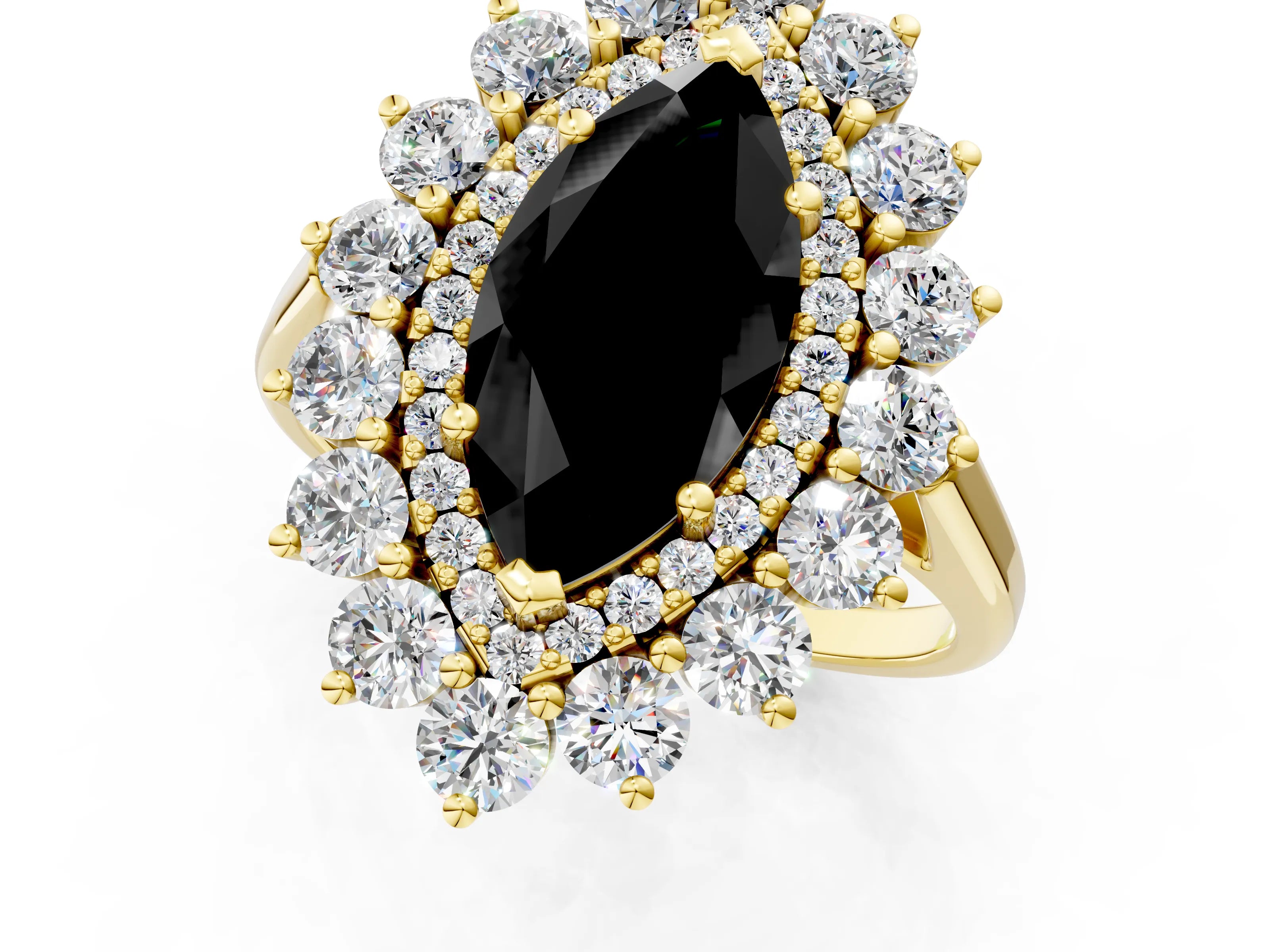 Yellow gold Fancy Black Marquise Cut Halo Cluster Diamond Ring with Pave Band and Four-Prong Setting_1