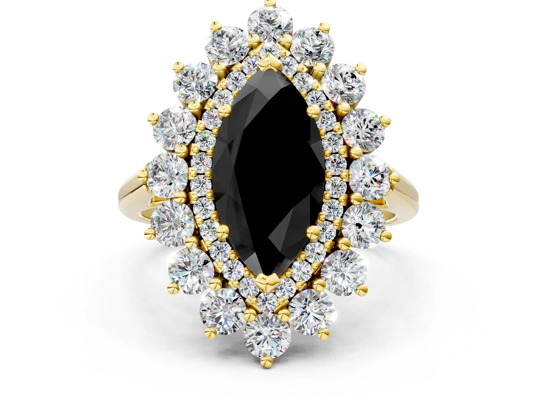 Yellow gold Fancy Black Marquise Cut Halo Cluster Diamond Ring with Pave Band and Four-Prong Setting_12