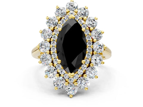 Yellow gold Fancy Black Marquise Cut Halo Cluster Diamond Ring with Pave Band and Four-Prong Setting_12