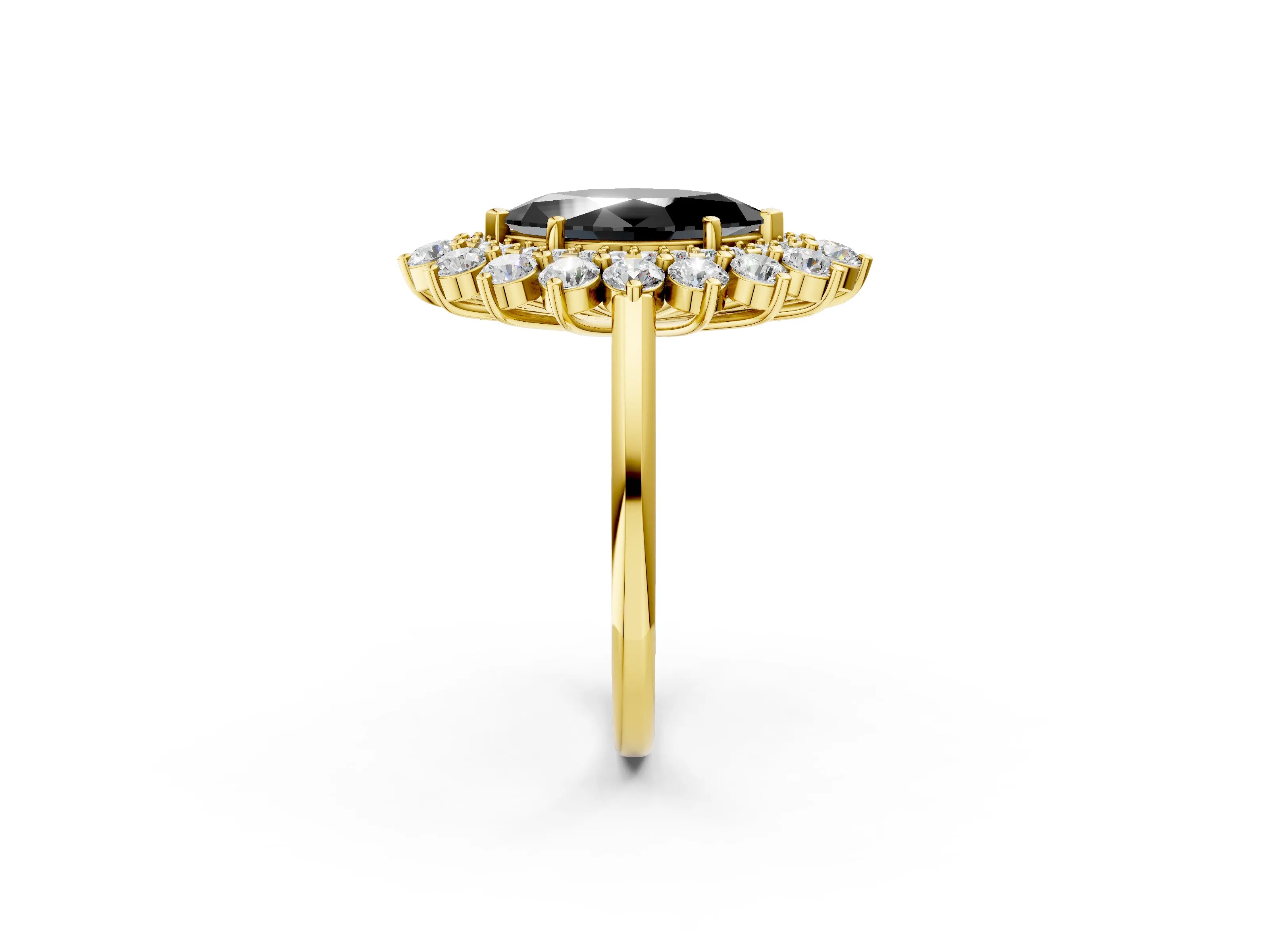 Yellow gold Fancy Black Marquise Cut Halo Cluster Diamond Ring with Pave Band and Four-Prong Setting_14