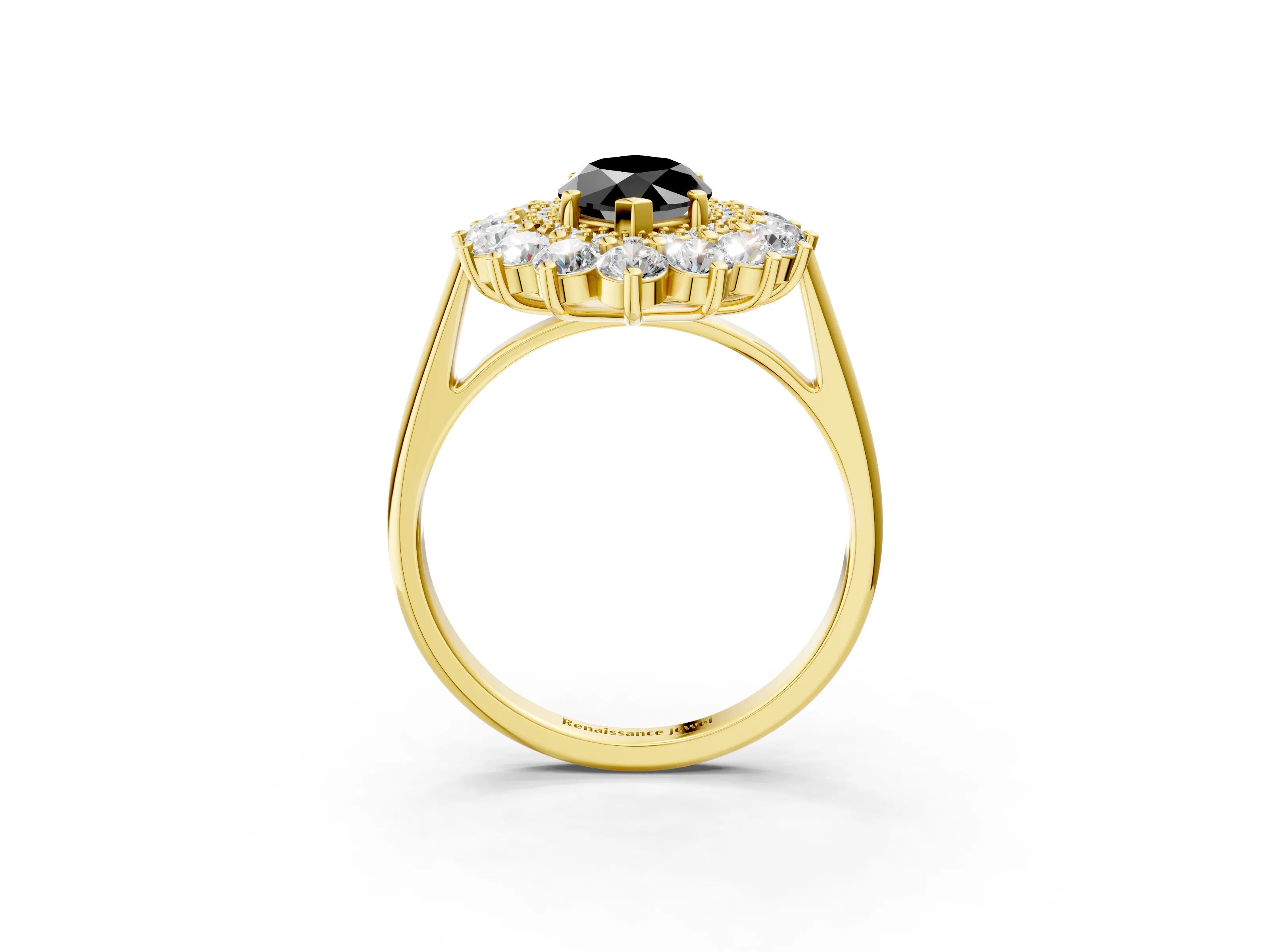 Yellow gold Fancy Black Marquise Cut Halo Cluster Diamond Ring with Pave Band and Four-Prong Setting_15